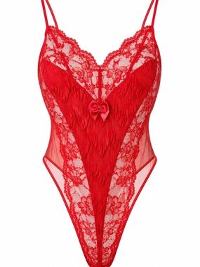 Red Lace Sheer V‑Neck Teddy/ Bodysuit
